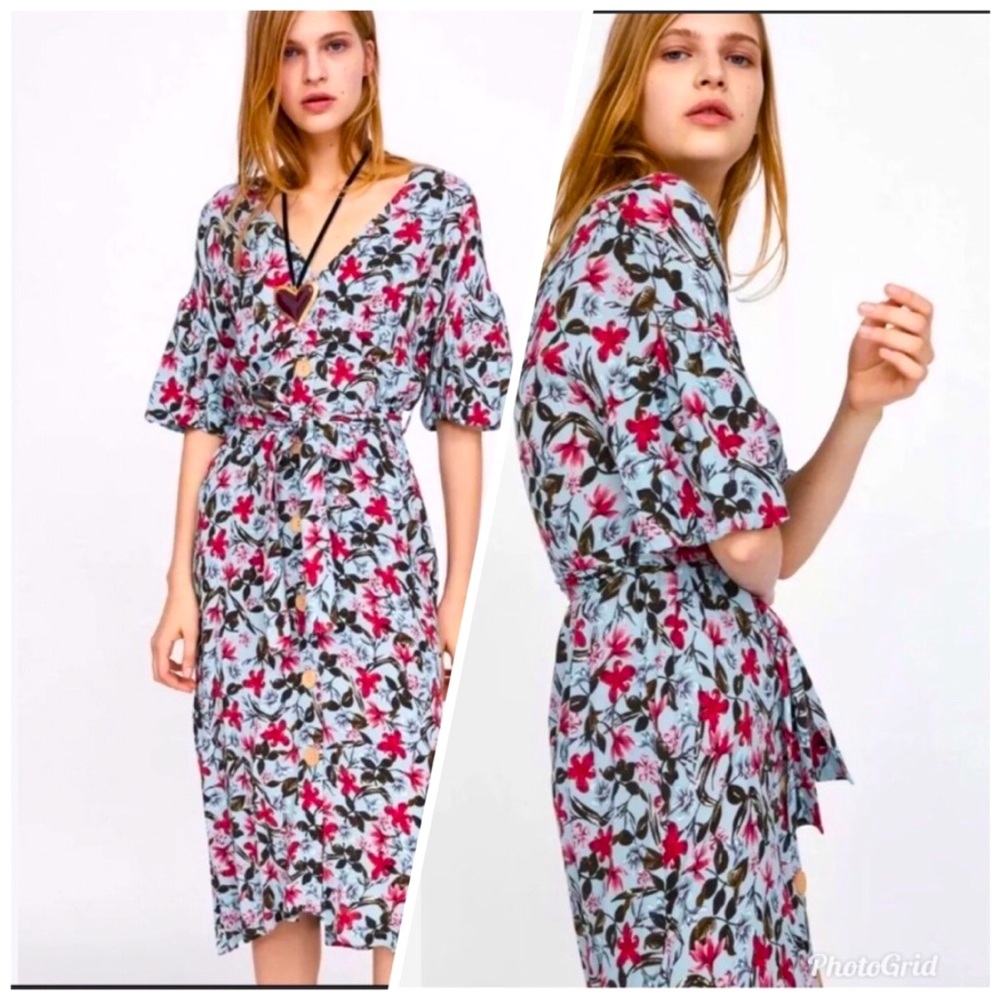 Zara | Floral Button Front Half Bell Sleeve Midi Dress - Large